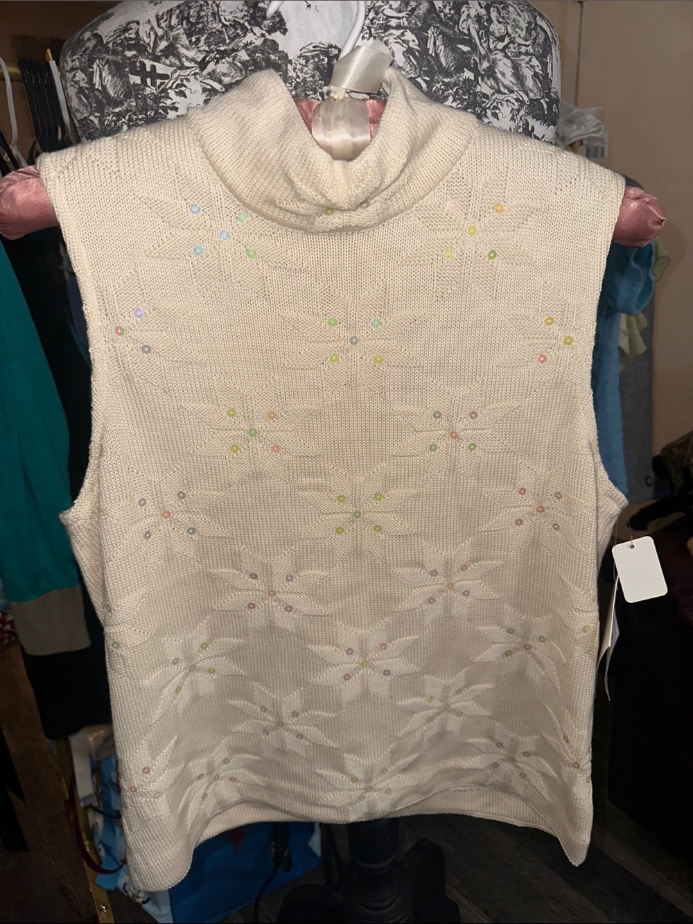 Sleeveless Cowlneck Embellished Knit Sweater - Cream NWT
